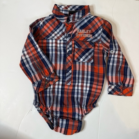 Harley Davidson Orange Blue Plaid Long Sleeve Snap Closure Onesie Collar Sz 18 M - Picture 1 of 7